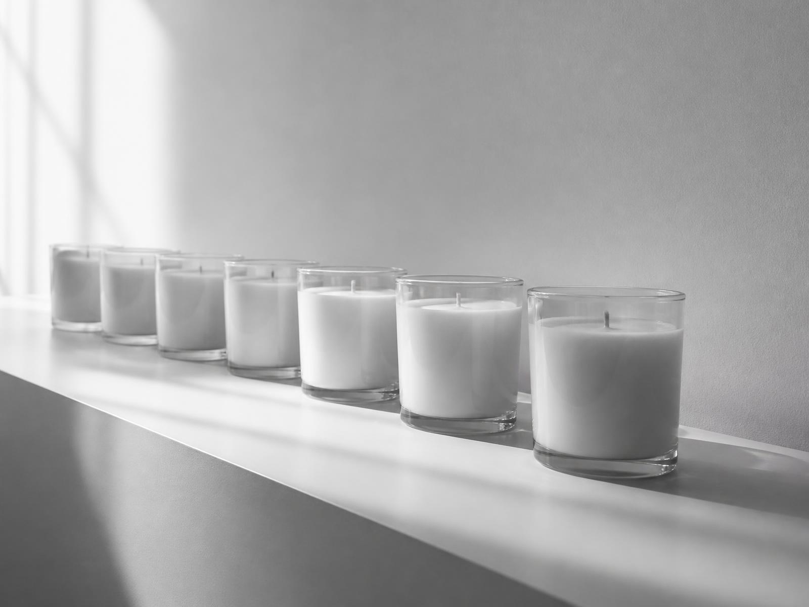 Row of hand-poured candles catching morning light